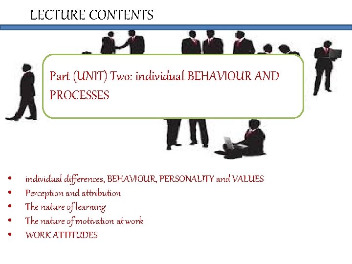 LECTURE CONTENTS Part (UNIT) Two: individual BEHAVIOUR AND PROCESSES • • • individual differences,