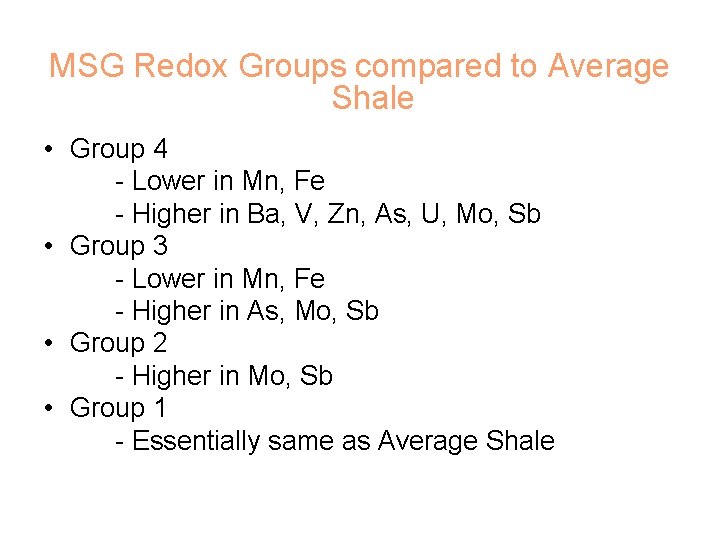 MSG Redox Groups compared to Average Shale • Group 4 - Lower in Mn,