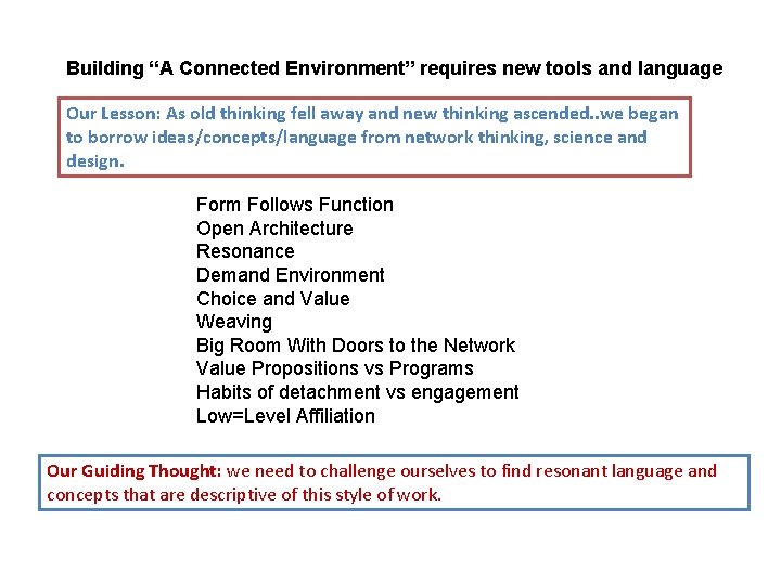 Building “A Connected Environment” requires new tools and language Our Lesson: As old thinking