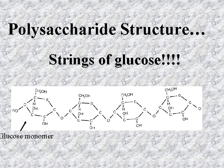 Polysaccharide Structure… Strings of glucose!!!! Glucose monomer 