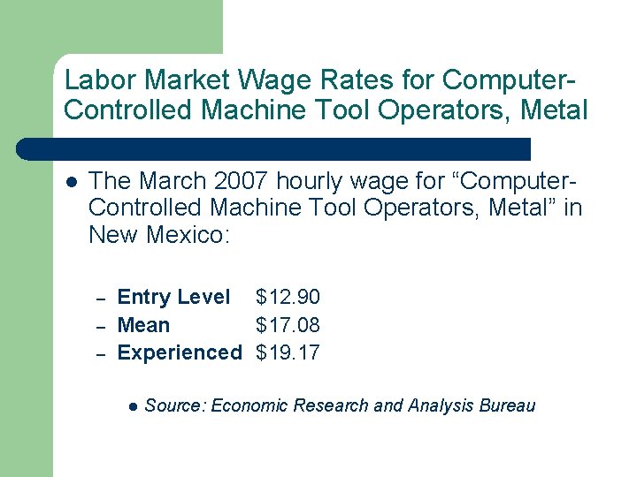 Labor Market Wage Rates for Computer. Controlled Machine Tool Operators, Metal l The March