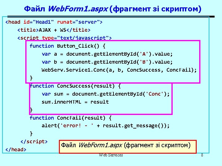 Файл Web. Form 1. aspx (фрагмент зі скриптом) <head id="Head 1" runat="server"> <title>AJAX +