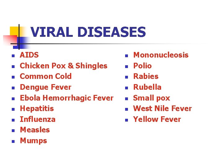 VIRAL DISEASES n n n n n AIDS Chicken Pox & Shingles Common Cold