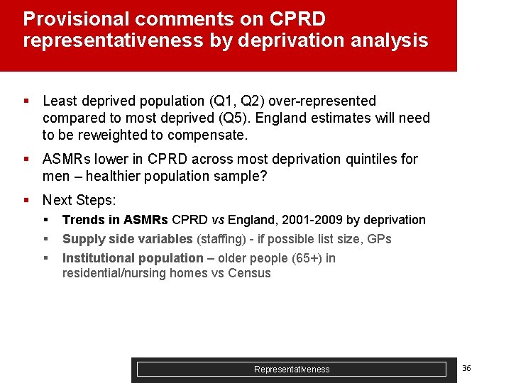 Provisional comments on CPRD representativeness by deprivation analysis § Least deprived population (Q 1,