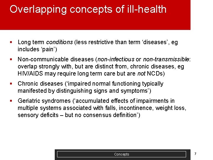 Overlapping concepts of ill-health § Long term conditions (less restrictive than term ‘diseases’, eg