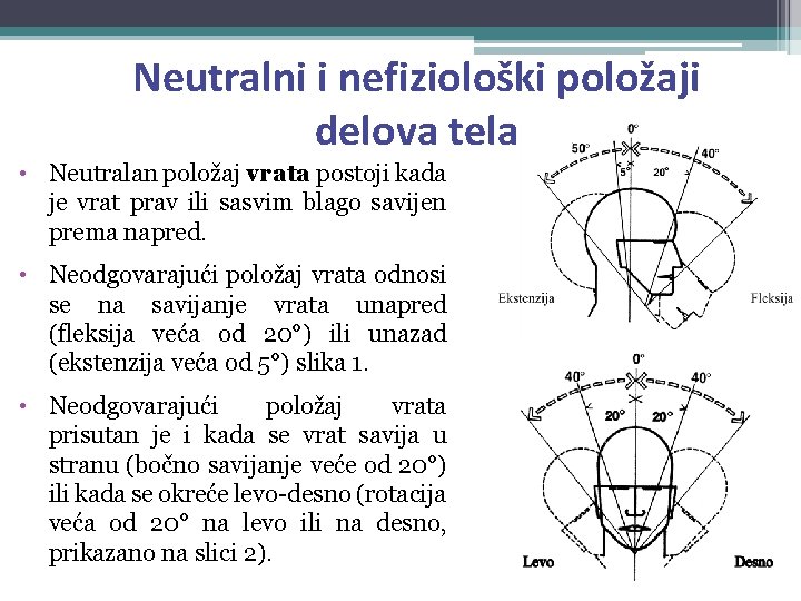 Neutralni i nefiziološki položaji delova tela • Neutralan položaj vrata postoji kada je vrat