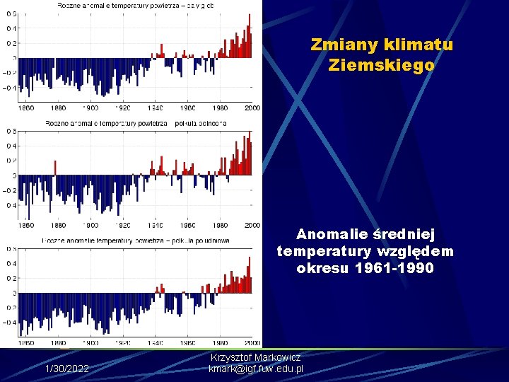 Zmiany klimatu Ziemskiego Anomalie średniej temperatury względem okresu 1961 -1990 1/30/2022 Krzysztof Markowicz kmark@igf.