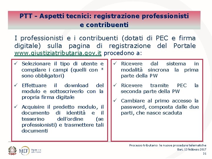 PTT - Aspetti tecnici: registrazione professionisti e contribuenti I professionisti e i contribuenti (dotati
