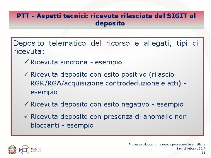 Percorsi PTT - Aspetti tecnici: ricevute rilasciate dal SIGIT al deposito Deposito telematico del