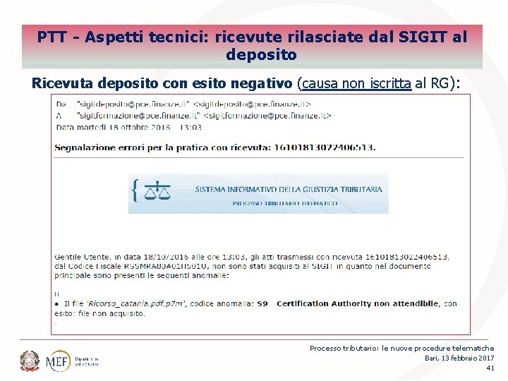 Percorsi PTT - Aspetti tecnici: ricevute rilasciate dal SIGIT al deposito Ricevuta deposito con