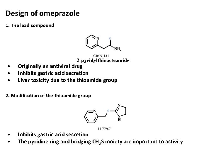 Design of omeprazole 1. The lead compound • • • 2 -pyridylthioacteamide Originally an