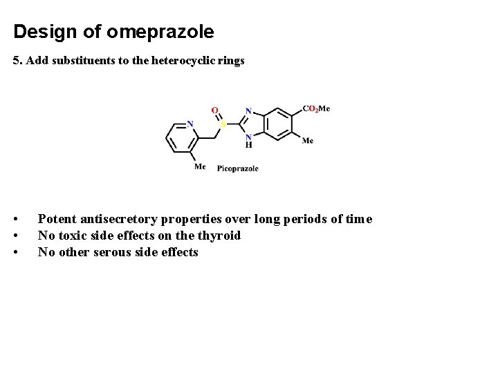 Design of omeprazole 5. Add substituents to the heterocyclic rings • • • Potent