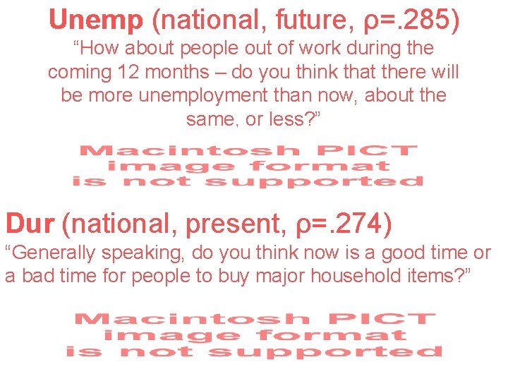 Unemp (national, future, ρ=. 285) “How about people out of work during the coming