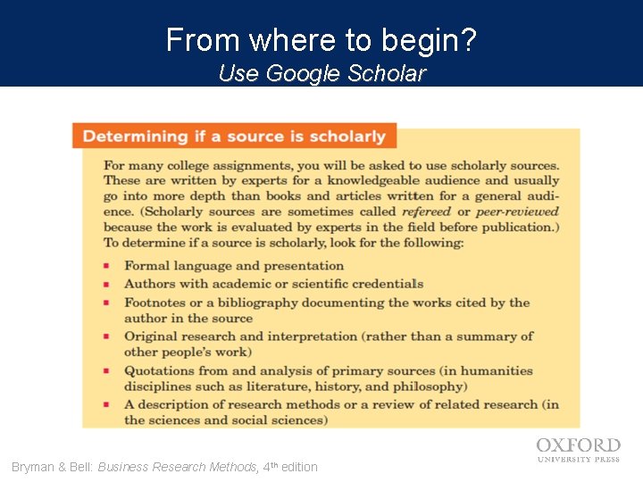 From where to begin? Use Google Scholar Bryman & Bell: Business Research Methods, 4