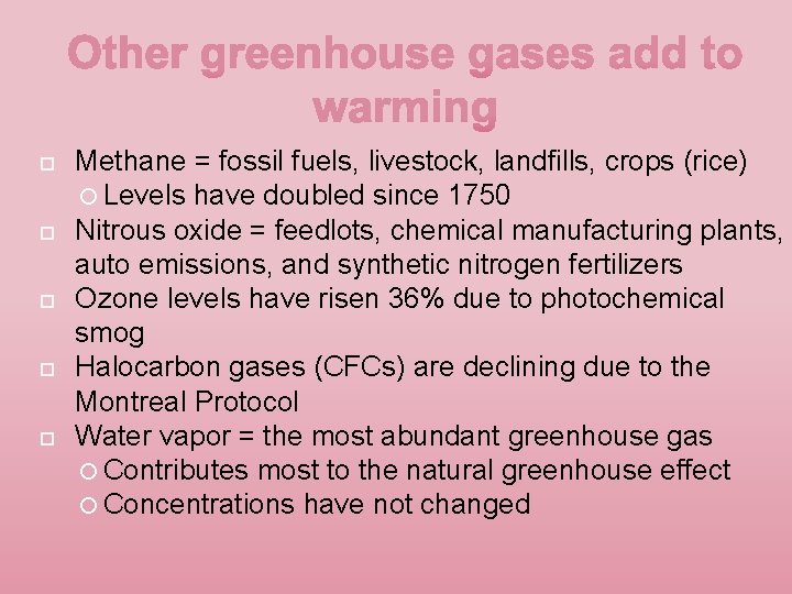  Methane = fossil fuels, livestock, landfills, crops (rice) Levels have doubled since 1750