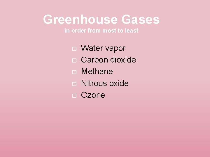 Greenhouse Gases in order from most to least Water vapor Carbon dioxide Methane Nitrous