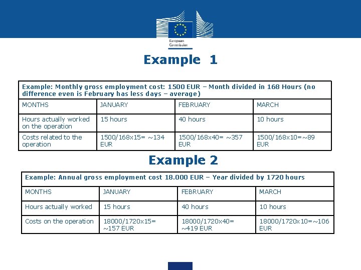 Example 1 Example: Monthly gross employment cost: 1500 EUR – Month divided in 168