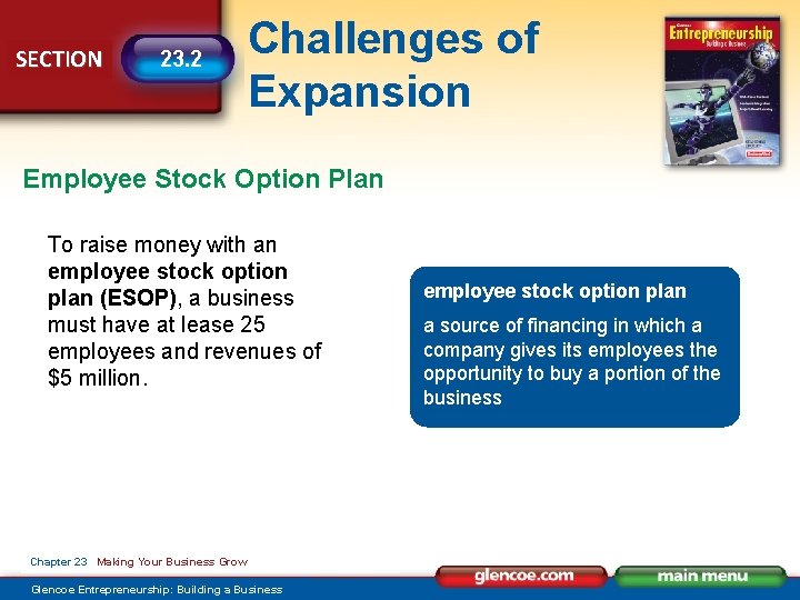 SECTION 23. 2 Challenges of Expansion Employee Stock Option Plan To raise money with