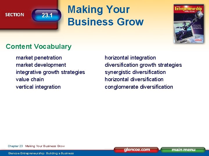 SECTION 23. 1 Making Your Business Grow Content Vocabulary market penetration market development integrative