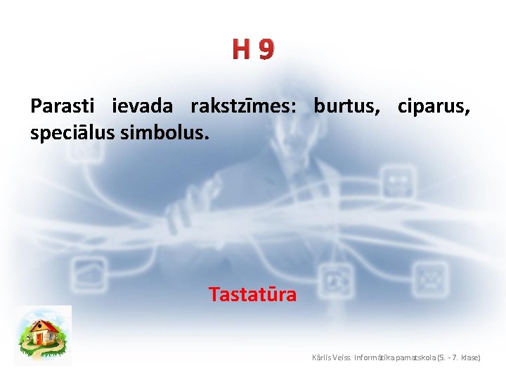 H 9 Parasti ievada rakstzīmes: burtus, ciparus, speciālus simbolus. Tastatūra Kārlis Veiss. Informātika pamatskola