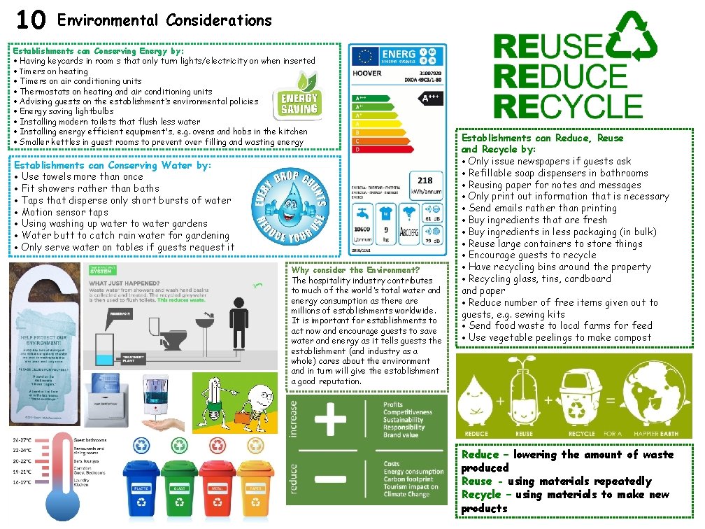 10 Environmental Considerations Establishments can Conserving Energy by: • Having keycards in room s