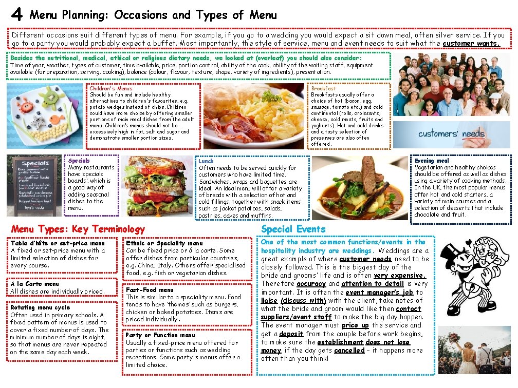 4 Menu Planning: Occasions and Types of Menu Different occasions suit different types of