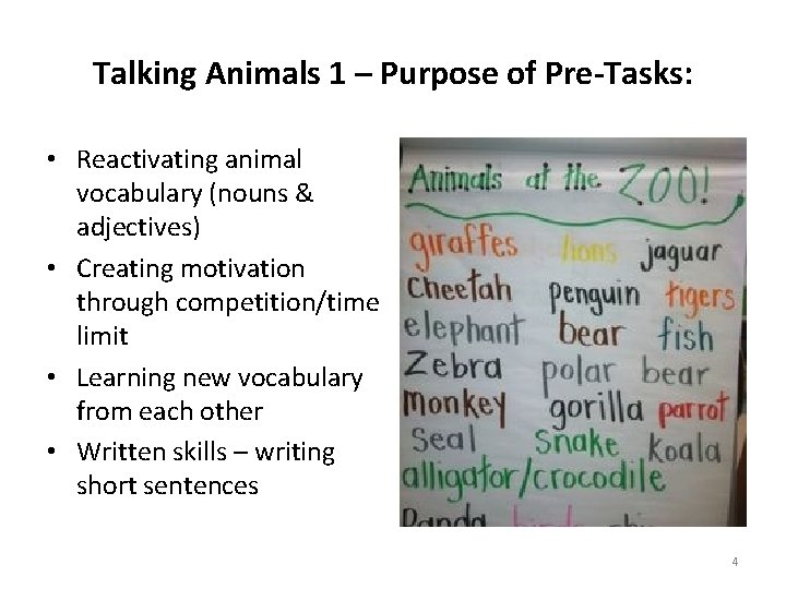 Talking Animals 1 – Purpose of Pre-Tasks: • Reactivating animal vocabulary (nouns & adjectives)