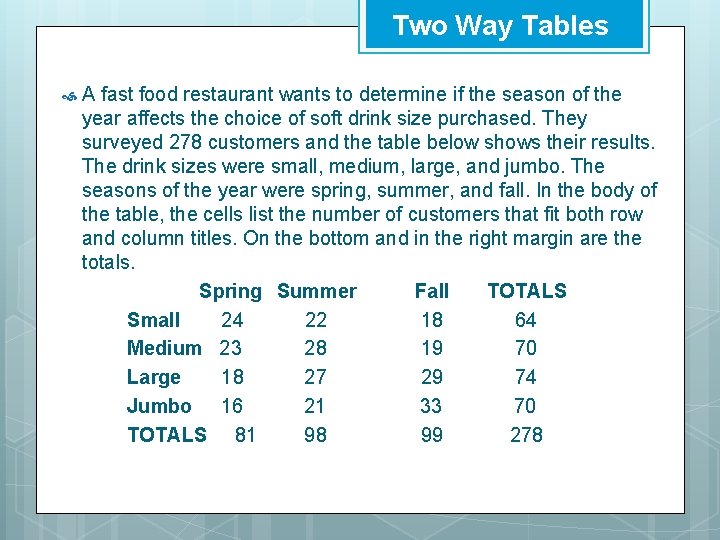 Two Way Tables A fast food restaurant wants to determine if the season of
