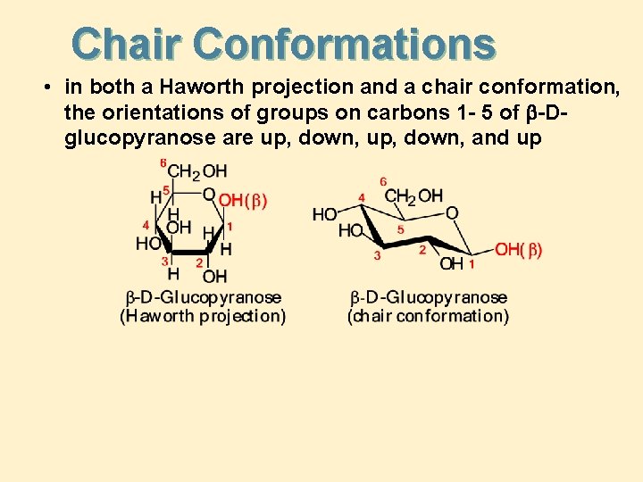 Chair Conformations • in both a Haworth projection and a chair conformation, the orientations