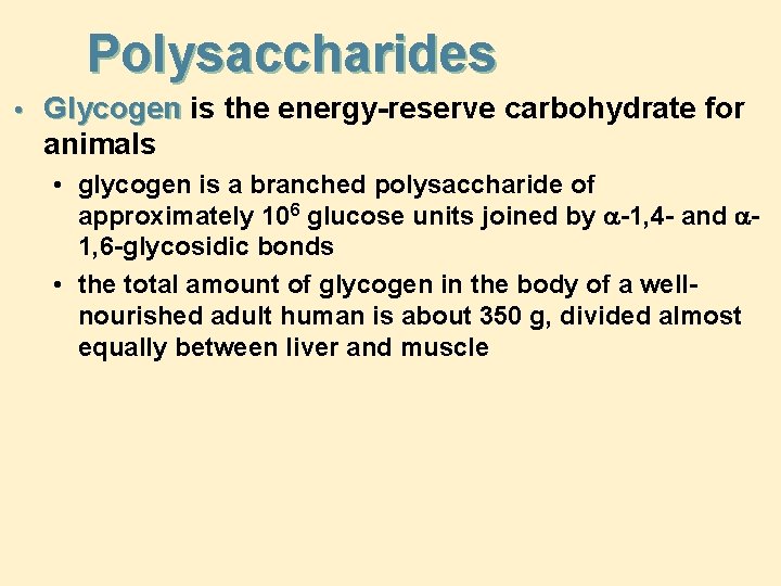 Polysaccharides • Glycogen is the energy-reserve carbohydrate for animals • glycogen is a branched