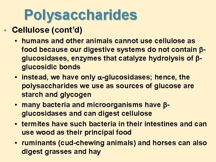 Polysaccharides • Cellulose (cont’d) • humans and other animals cannot use cellulose as food