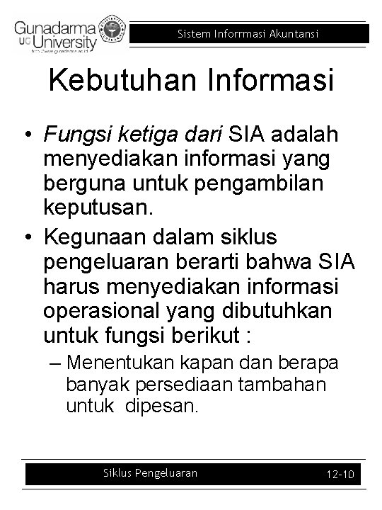 Sistem Inforrmasi Akuntansi Kebutuhan Informasi • Fungsi ketiga dari SIA adalah menyediakan informasi yang