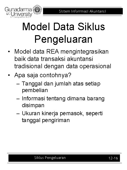 Sistem Inforrmasi Akuntansi Model Data Siklus Pengeluaran • Model data REA mengintegrasikan baik data