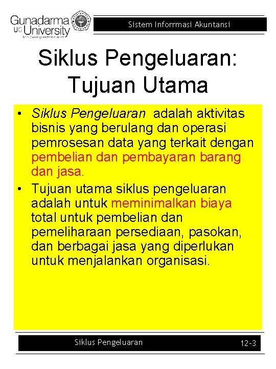 Sistem Inforrmasi Akuntansi Siklus Pengeluaran: Tujuan Utama • Siklus Pengeluaran adalah aktivitas bisnis yang