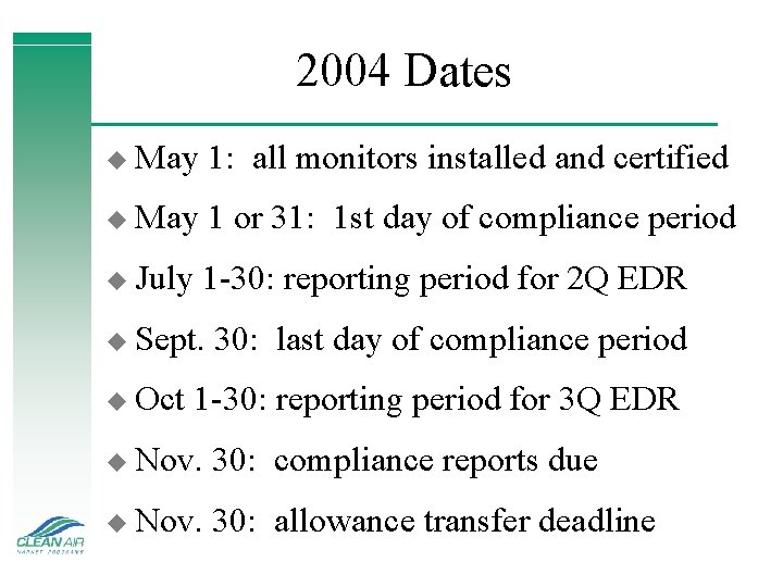 2004 Dates u May 1: all monitors installed and certified u May 1 or
