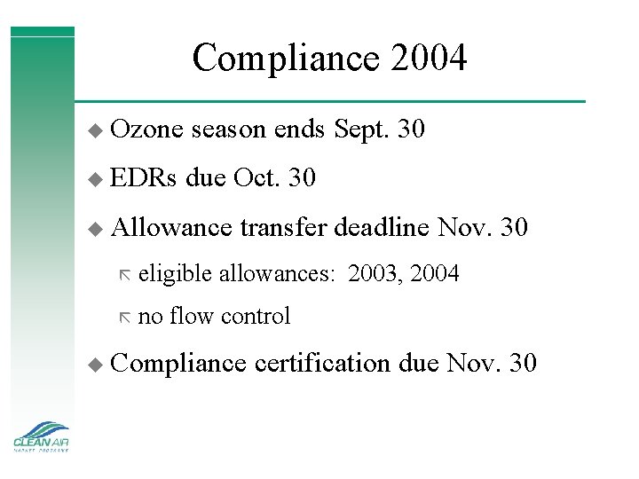 Compliance 2004 u Ozone u EDRs season ends Sept. 30 due Oct. 30 u