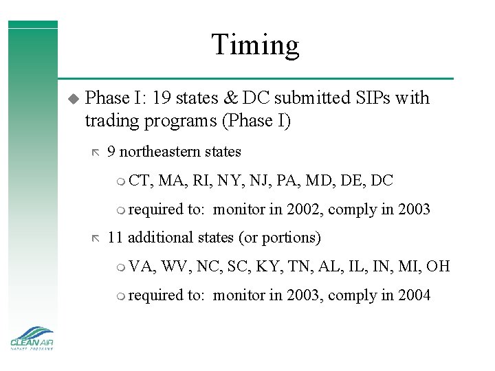Timing u Phase I: 19 states & DC submitted SIPs with trading programs (Phase