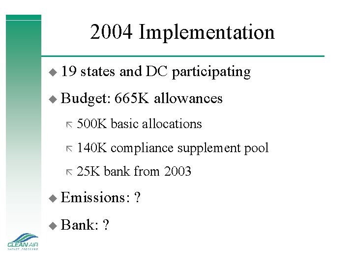 2004 Implementation u 19 states and DC participating u Budget: 665 K allowances ã