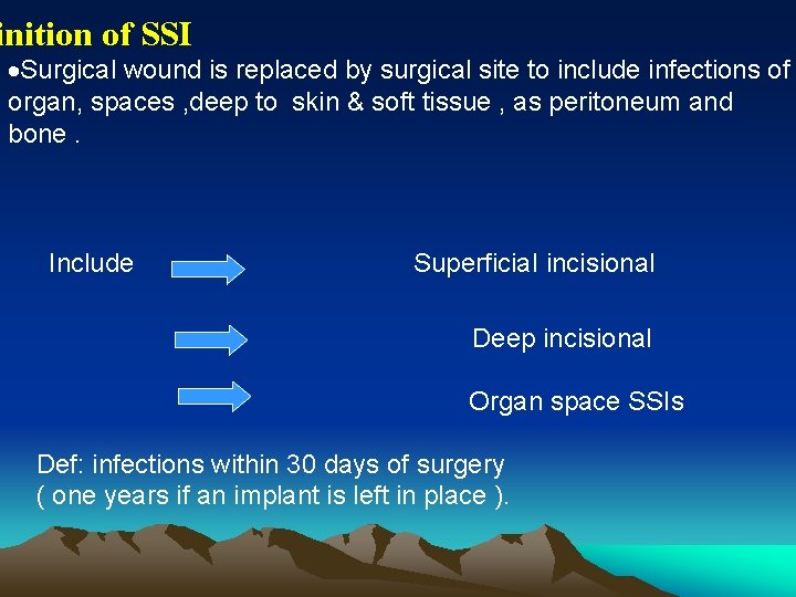 inition of SSI Surgical wound is replaced by surgical site to include infections of