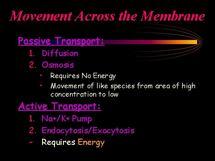 Movement Across the Membrane Passive Transport: 1. Diffusion 2. Osmosis • • Requires No
