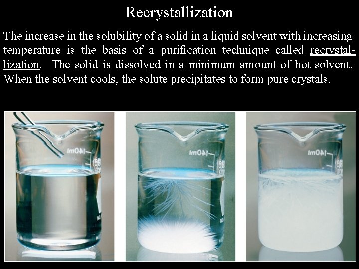 Recrystallization The increase in the solubility of a solid in a liquid solvent with