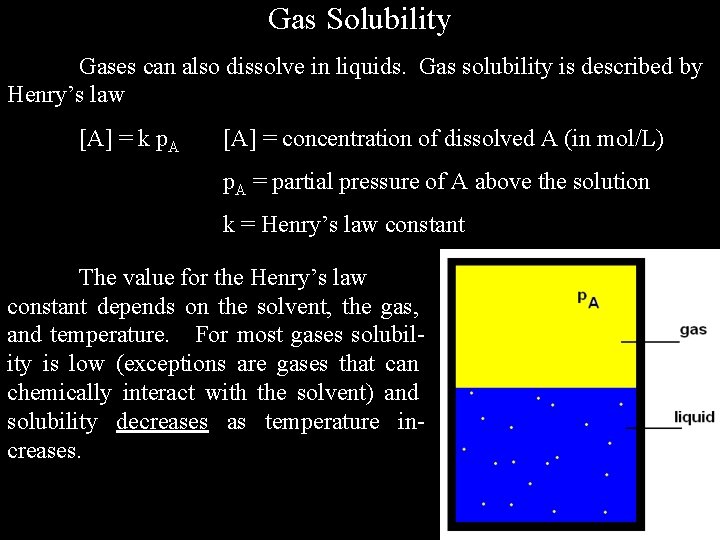 Gas Solubility Gases can also dissolve in liquids. Gas solubility is described by Henry’s