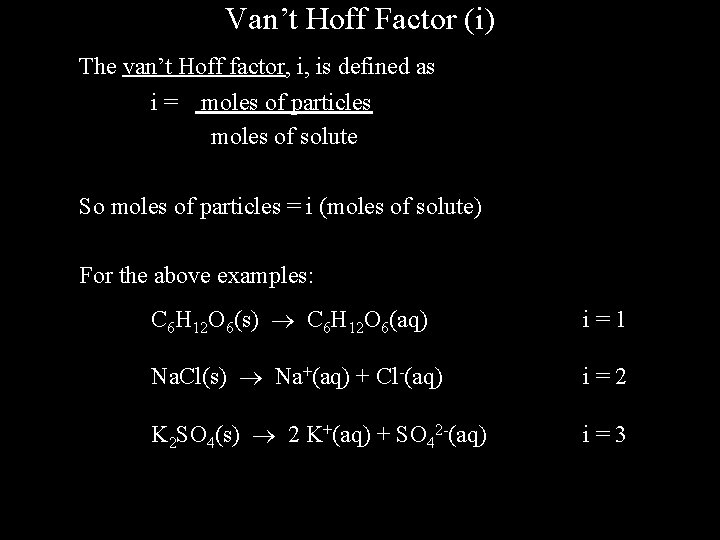Van’t Hoff Factor (i) The van’t Hoff factor, i, is defined as i= moles