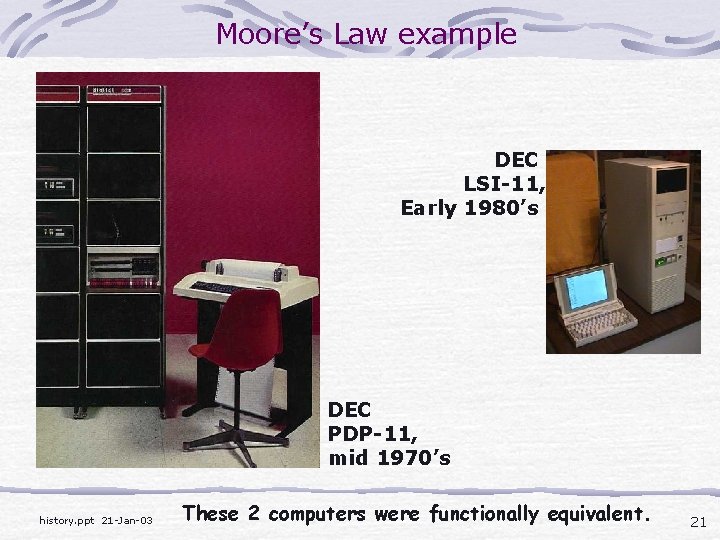 Moore’s Law example DEC LSI-11, Early 1980’s DEC PDP-11, mid 1970’s history. ppt 21