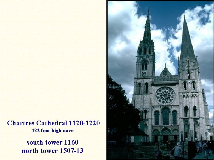 Chartres Cathedral 1120 -1220 122 foot high nave south tower 1160 north tower 1507