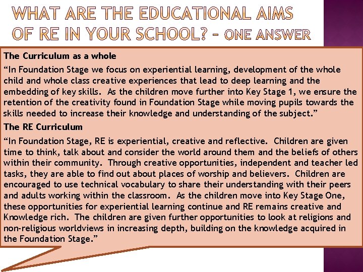 The Curriculum as a whole “In Foundation Stage we focus on experiential learning, development