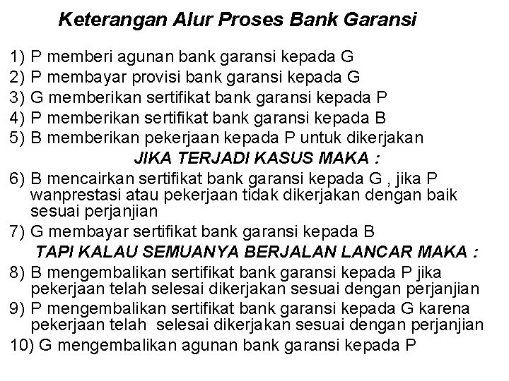 Keterangan Alur Proses Bank Garansi 1) 2) 3) 4) 5) P memberi agunan bank