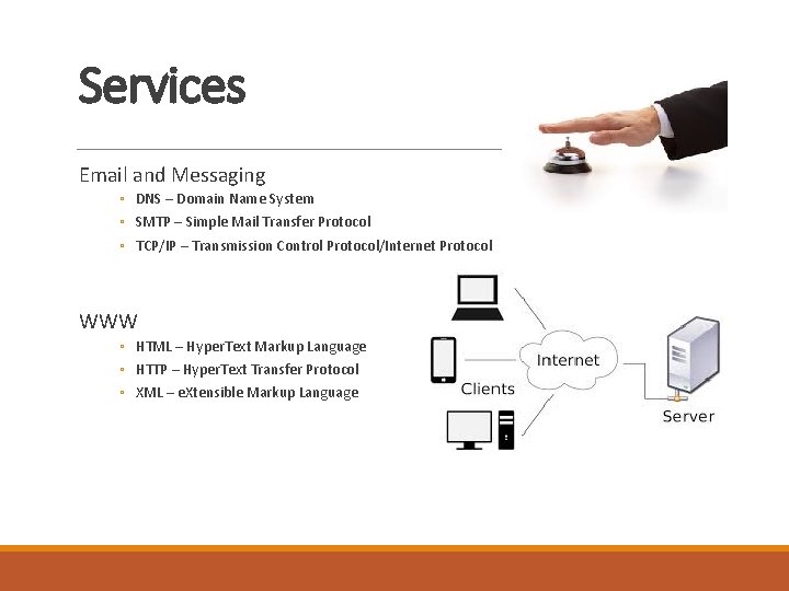 Services Email and Messaging ◦ DNS – Domain Name System ◦ SMTP – Simple
