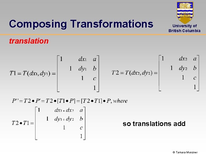 Composing Transformations University of British Columbia translation so translations add © Tamara Munzner 