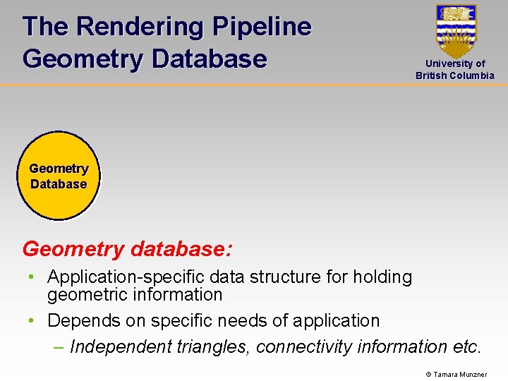 The Rendering Pipeline Geometry Database University of British Columbia Geometry Database Geometry database: •